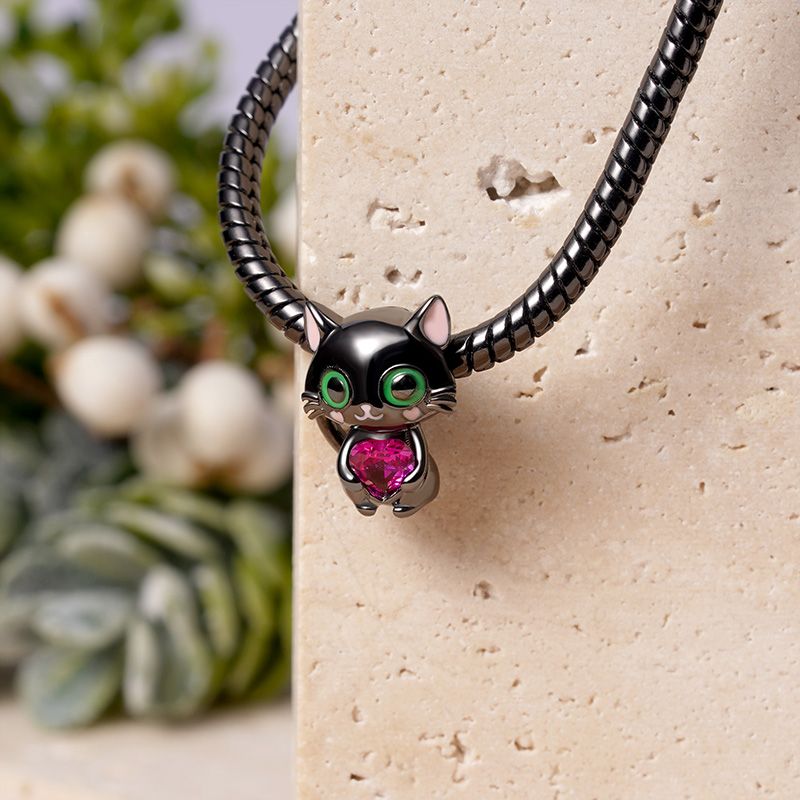 Black Cat Embraces Heart Gemstone Charm For Bracelet