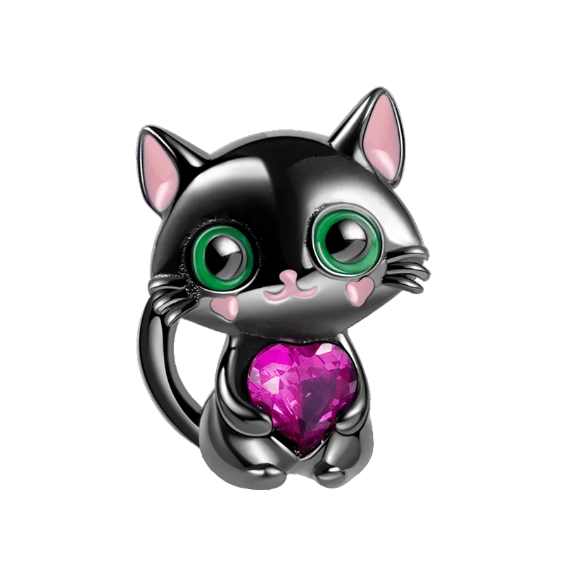 Black Cat Embraces Heart Gemstone Charm For Bracelet