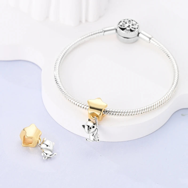 Cat Catched Golden Star Charm For Bracelet