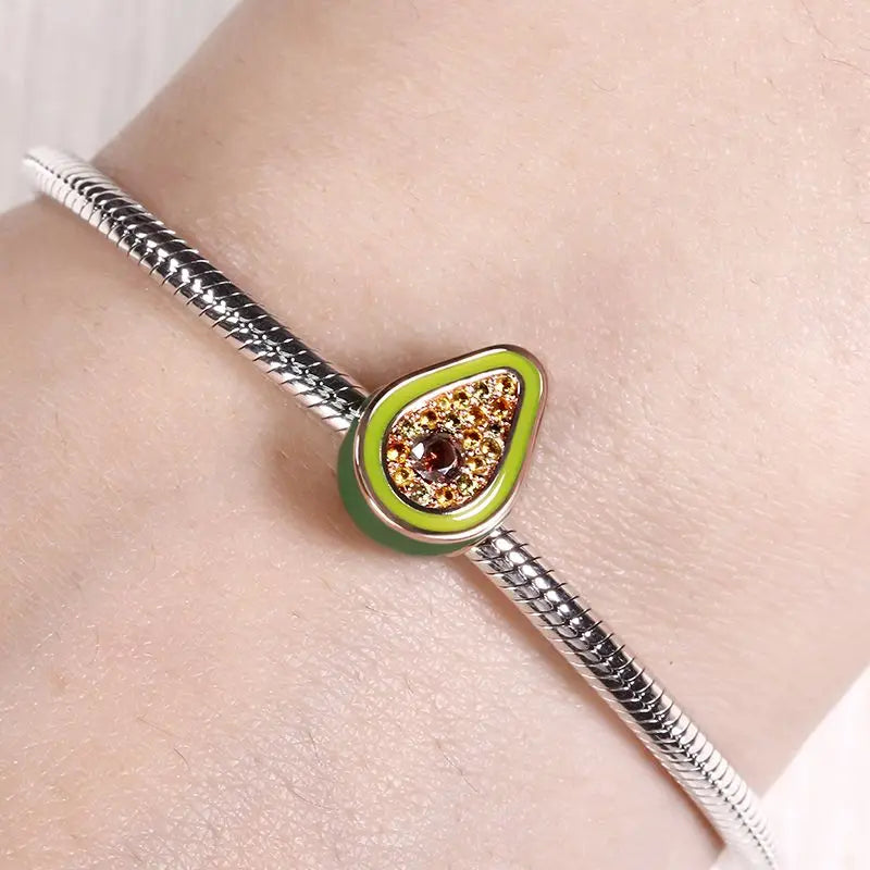 Green Avocado Charm For Bracelet Bead Inlaid with Cz