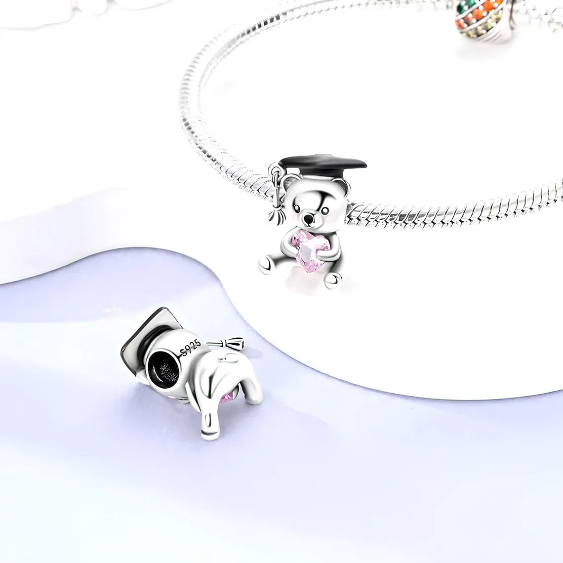 Graduation Teddy Bear Heart Charm For Bracelet