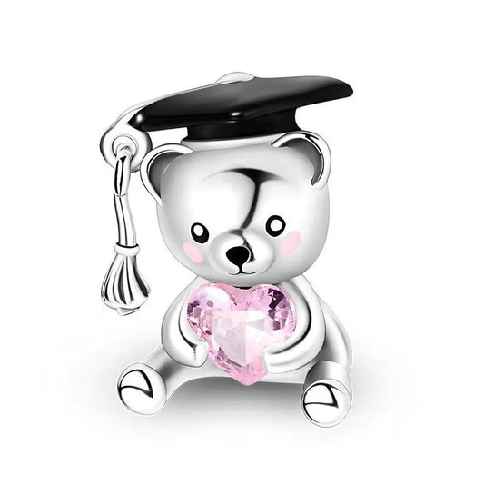Graduation Teddy Bear Heart Charm For Bracelet