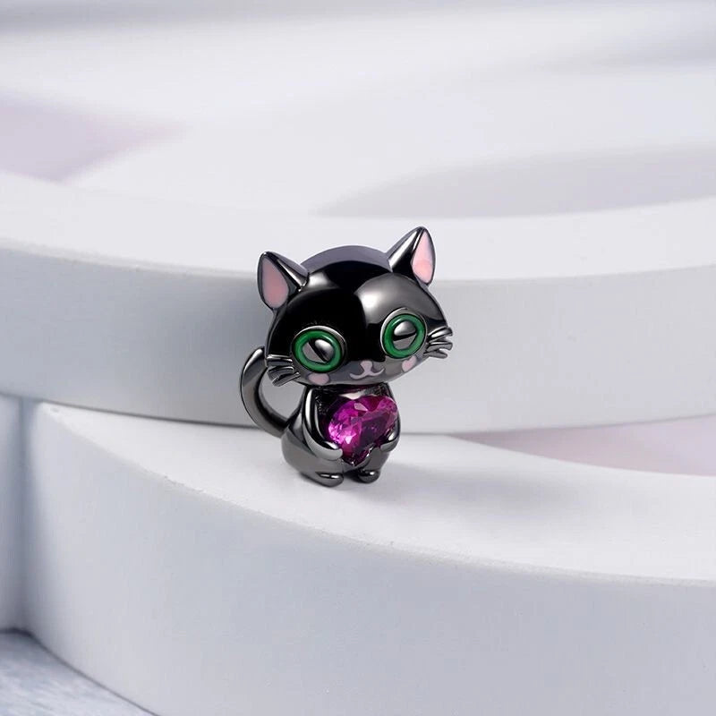 Black Cat Embraces Heart Gemstone Charm For Bracelet